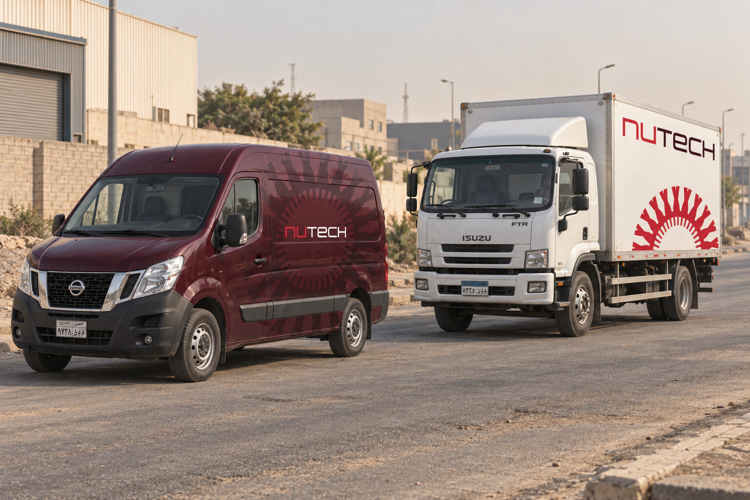 Photorealistic illustration of a Nutech-branded van and delivery truck on an Egyptian industrial road